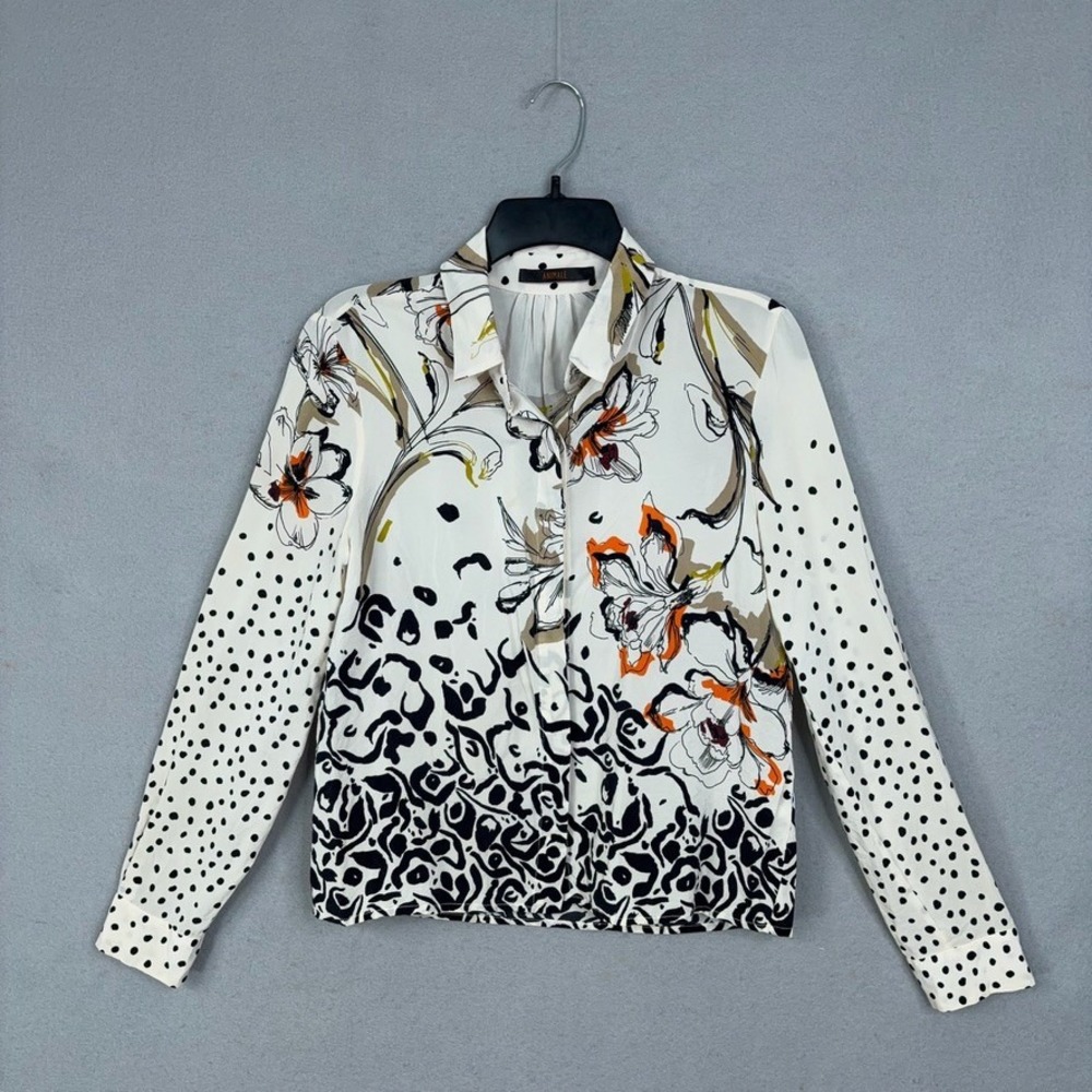 Animale Shirt Womens 40 White Mixed Print Floral Polka Dot Silk Boho Blouse